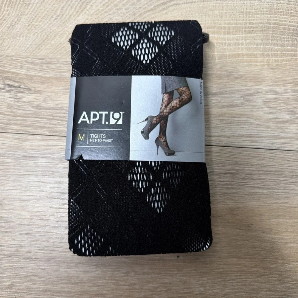 APT 9 Womens Tights Medium Black Geometric Openwork Net to Waist Hosiery New